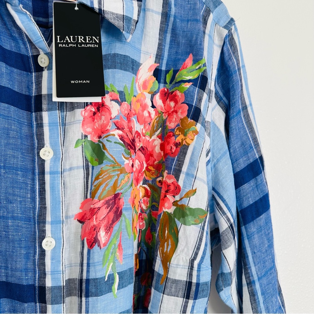 New Ralph Lauren Floral & Plaid Lightweight Linen Button Down Shirtdress Midi - Picture 13 of 15